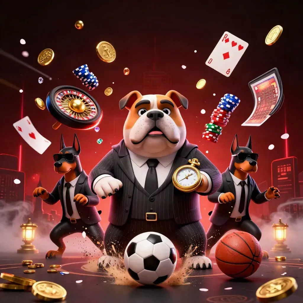 Bulldog boss and two Dobermans amid flying coins, chips, cards, and sports balls