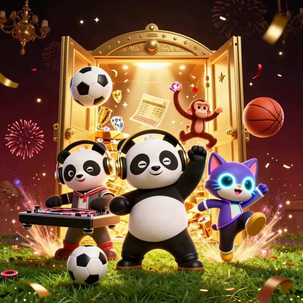 Panda DJ, monkey, and glowing kitten amid vault blast, flying balls, gold, confetti, dark luxe backdrop.