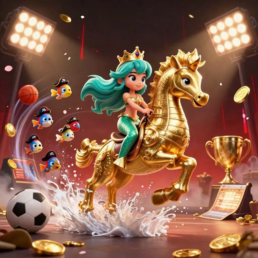 Mermaid princess on armored seahorse amid flying sports balls, gold coins, and casino glow.