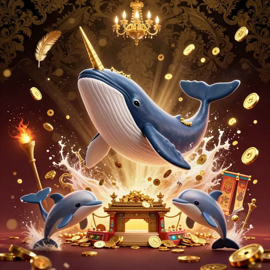 Whale captain, narwhal, and dolphins explode through gold coins in a luxe casino fantasy scene.
