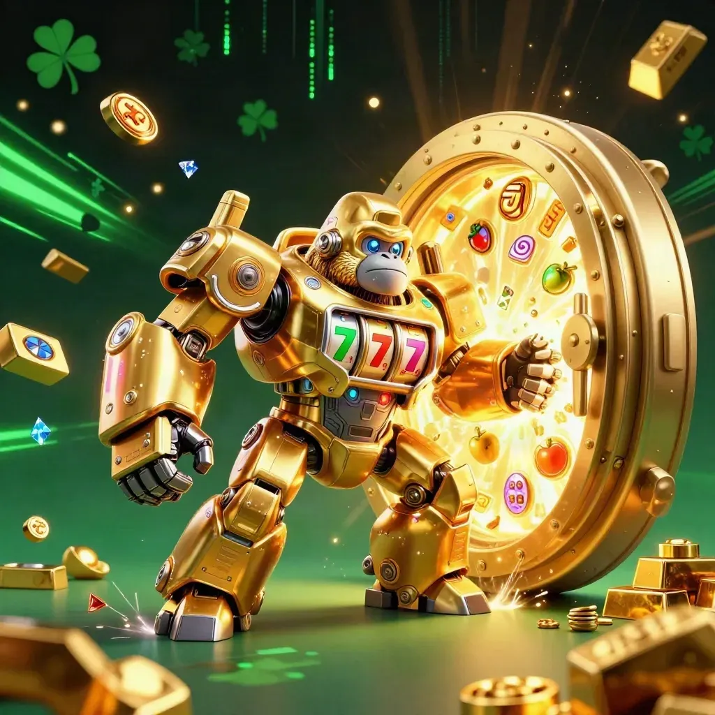 Golden gorilla mech bursts from a vault with a tiny monkey pilot amid gems and emerald light.