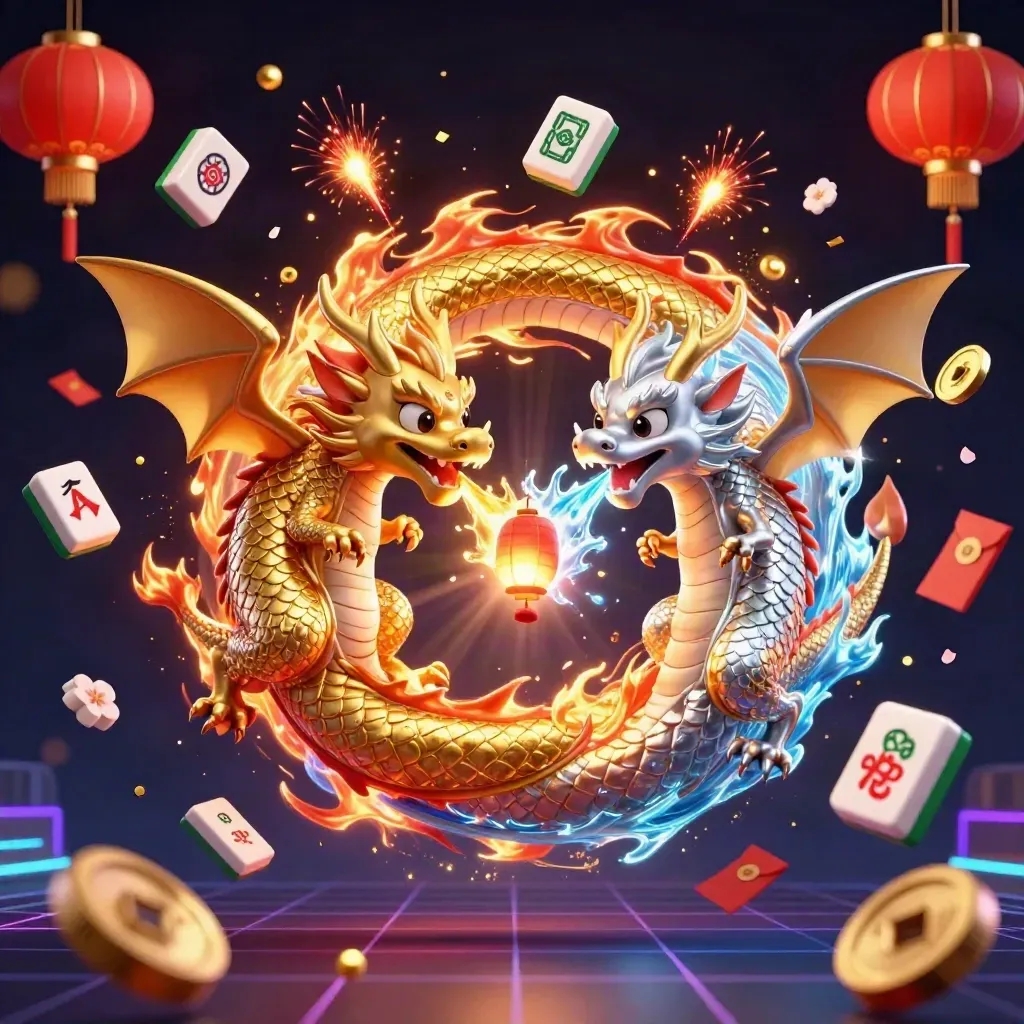 Gold and silver dragons spiral with fire and ice amid casino treasures and glowing lights.