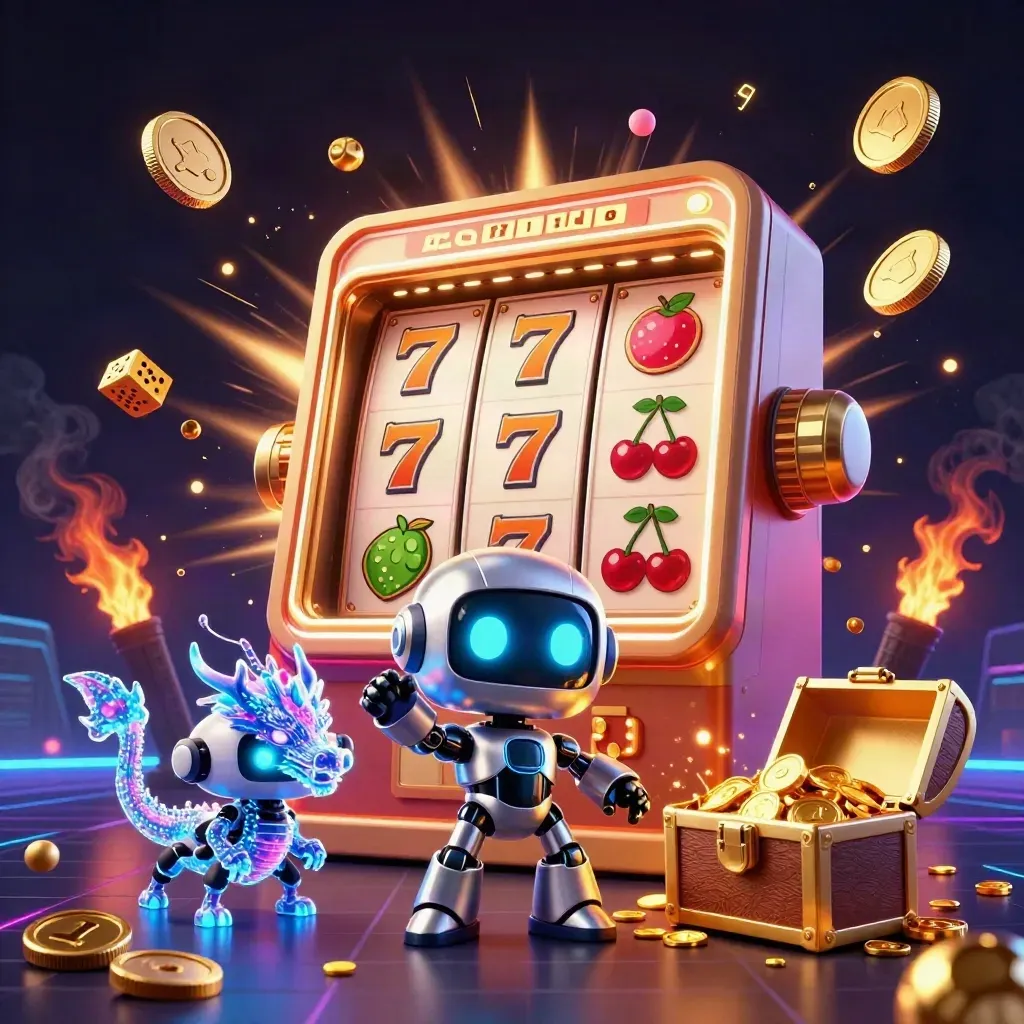 Robot, AI dragon and drone amid exploding gold slots, coins and jackpots