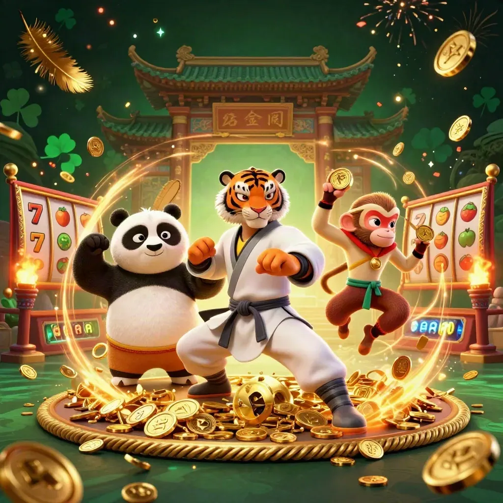 Tiger, panda, and monkey kung-fu trio amid casino treasure, fireworks, and gold coins.