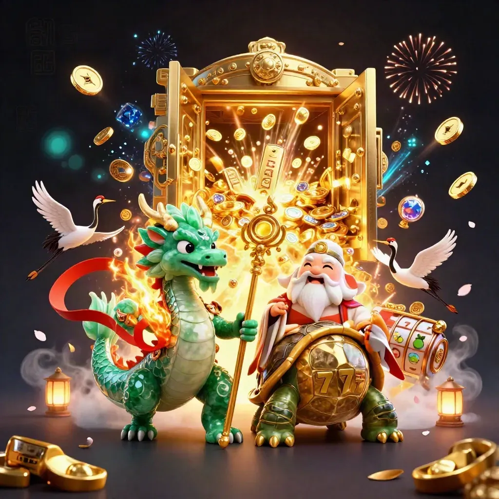 Emerald dragon, turtle sage, cranes, and a gold vault blast with slot symbols and coins.