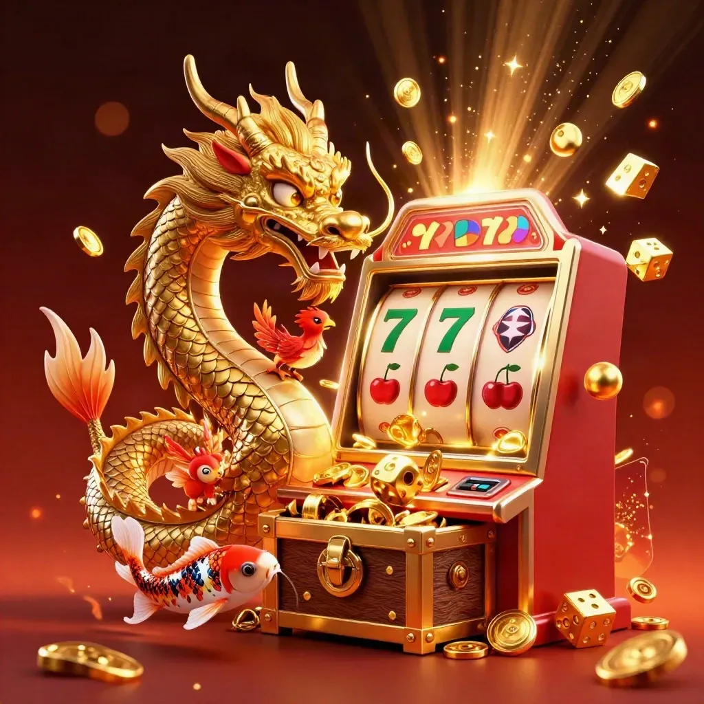 Golden dragon, phoenix, koi, slot machine, and treasure burst in a luxe casino splash screen.