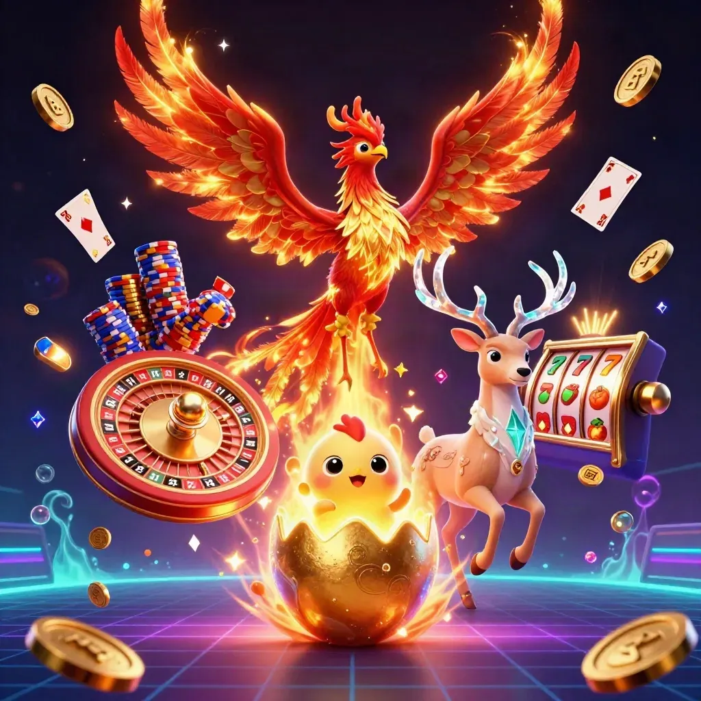 Fire phoenix, baby phoenix, and crystalline stag amid casino chips, coins, cards, and neon glow.