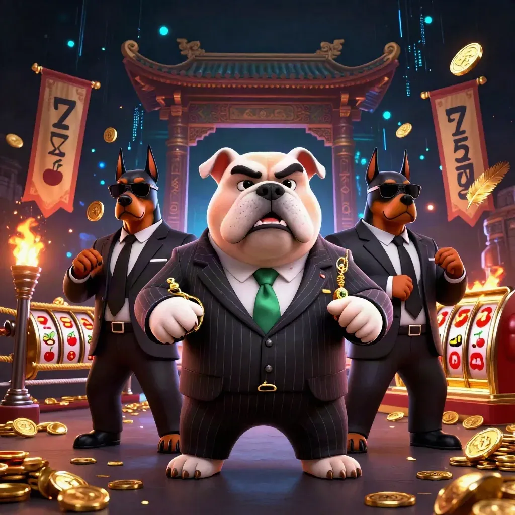 Bulldog mob boss with two Dobermans amid casino symbols and jade-lit gold effects.