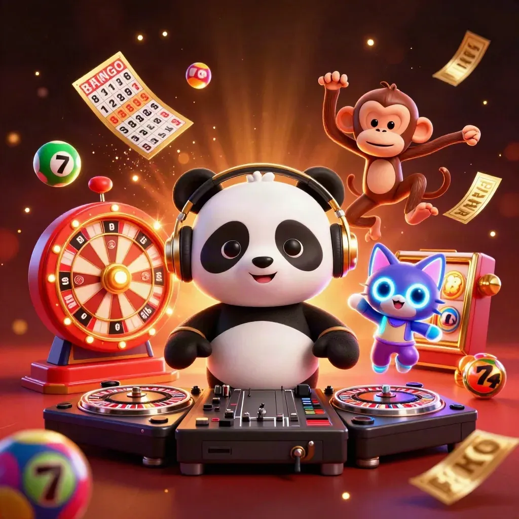DJ panda, dancing monkey, and glow-stick kitten amid casino fireworks and slot symbols